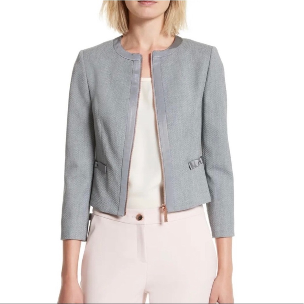 Ted Baker Gray Nadae Bow Detail Crop Jacket Zip Front Quiet Luxury Classic Sz 4 - Picture 4 of 16